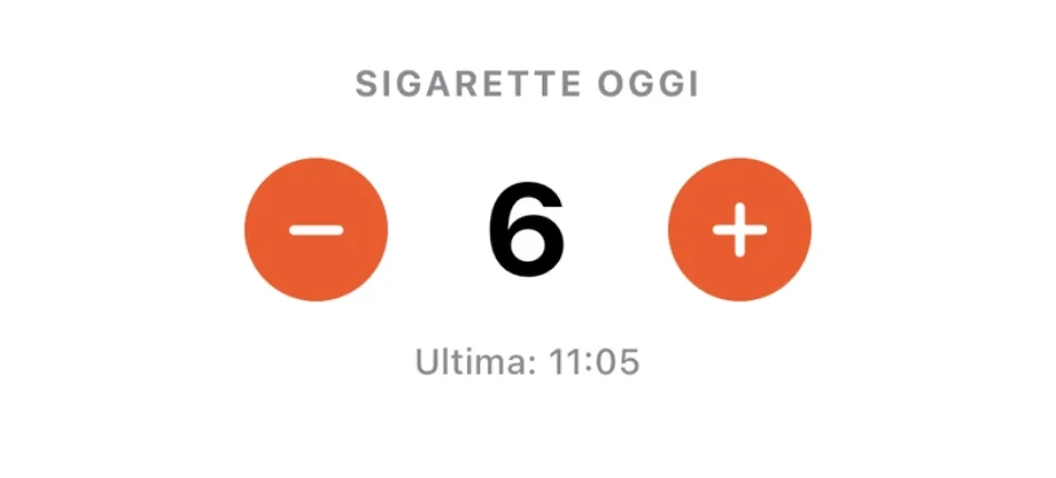 Widget di FumoMeno sulla schermata Home: sigarette oggi 6, con i pulsanti meno e più